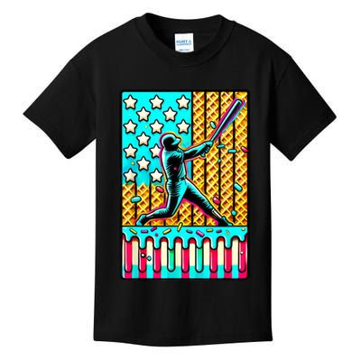 Ice Cream Drip Baseball Stuff Drip For American Flag Kids T-Shirt