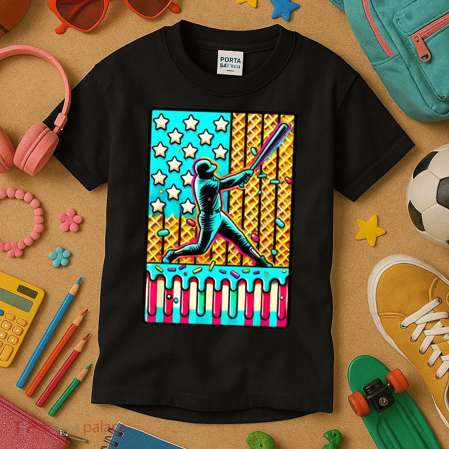 Ice Cream Drip Baseball Stuff Drip For American Flag Kids T-Shirt