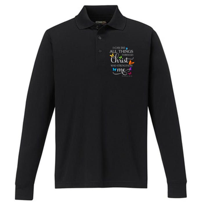 I Can Do All Things Through Christ Butterfly Art Religious Performance Long Sleeve Polo