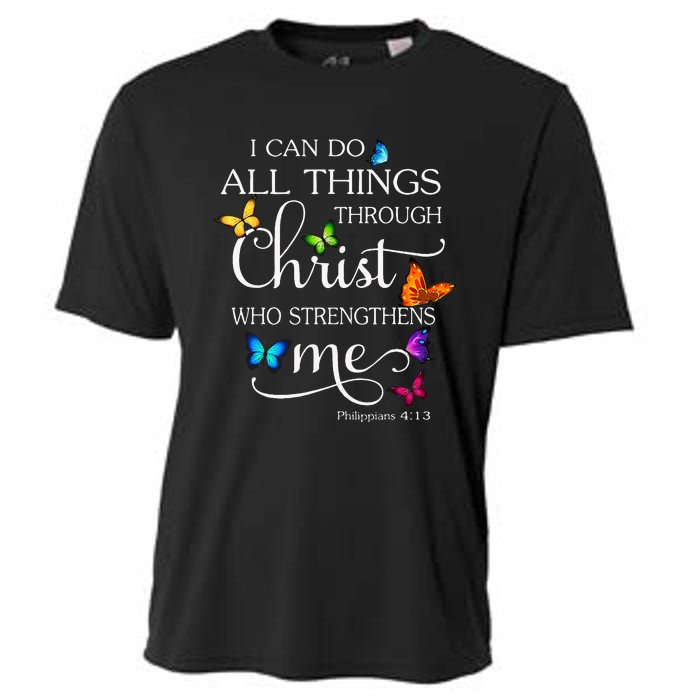 I Can Do All Things Through Christ Butterfly Art Religious Cooling Performance Crew T-Shirt