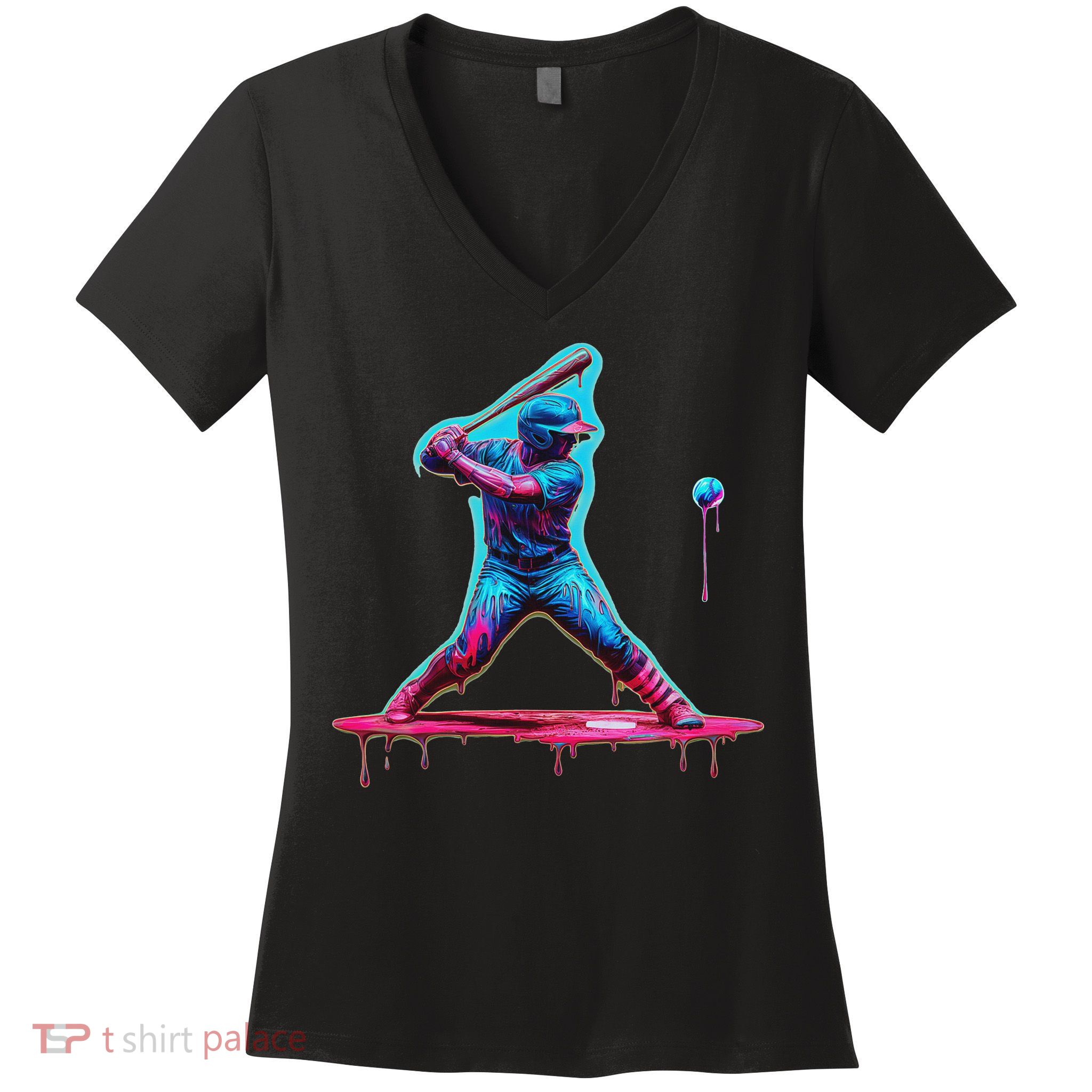 Ice Cream Drip Baseball Bat Baseball Player Women's V-Neck T-Shirt