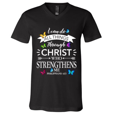 I Can Do All Things Through Christ Butterfly Art Religious V-Neck T-Shirt