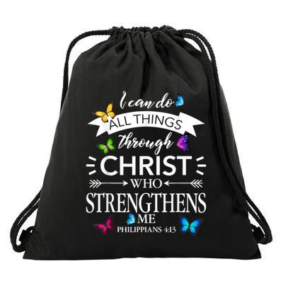I Can Do All Things Through Christ Butterfly Art Religious Drawstring Bag