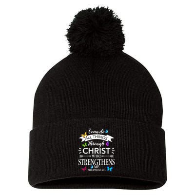 I Can Do All Things Through Christ Butterfly Art Religious Pom Pom 12in Knit Beanie