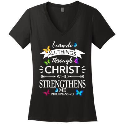 I Can Do All Things Through Christ Butterfly Art Religious Women's V-Neck T-Shirt