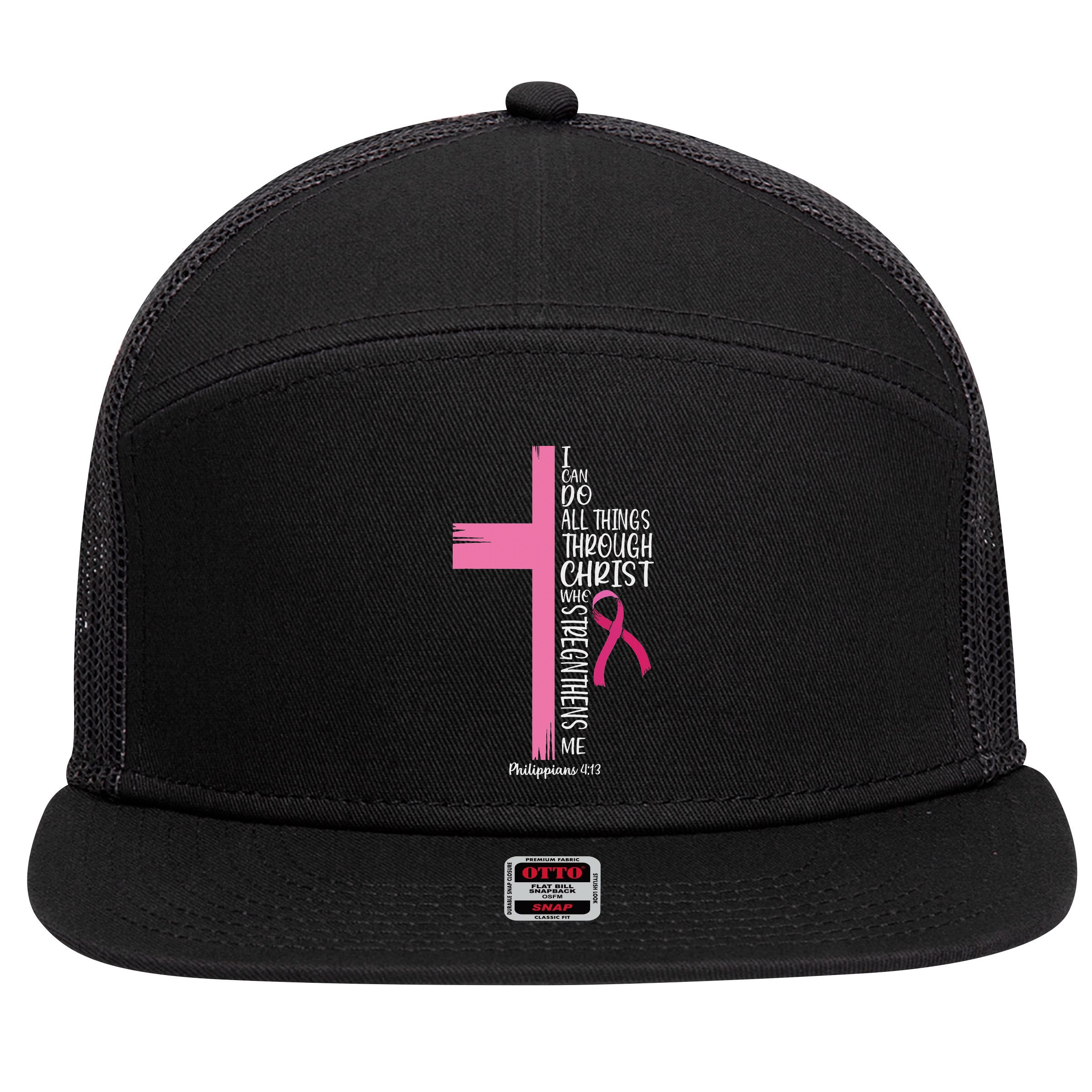 I Can Do All Things Through Christ Breast Cancer Awareness 7 Panel Mesh Trucker Snapback Hat