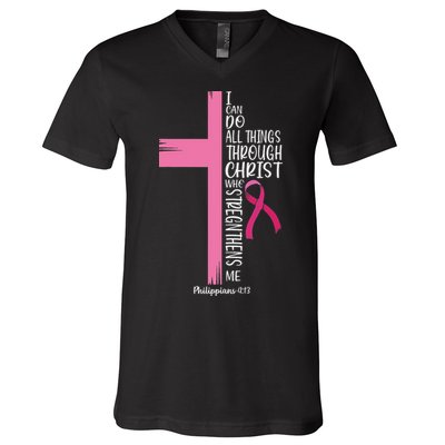 I Can Do All Things Through Christ Breast Cancer Awareness V-Neck T-Shirt