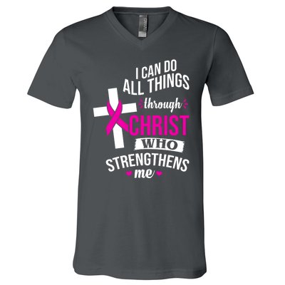 I Can Do All Things Through Christ Who Strengthens Me Breast Cancer V-Neck T-Shirt