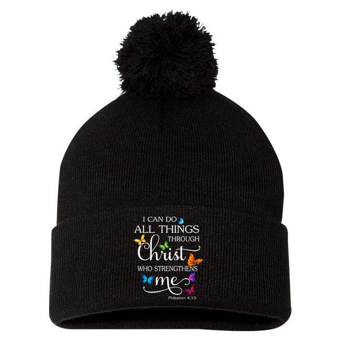 I Can Do All Things Through Christ Butterfly Art Religious Pom Pom 12in Knit Beanie