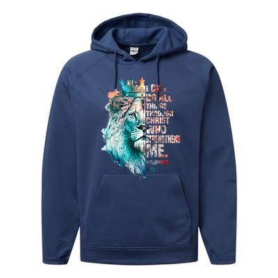 I Can Do All Things Through Christ Lion Faith Christian Performance Fleece Hoodie