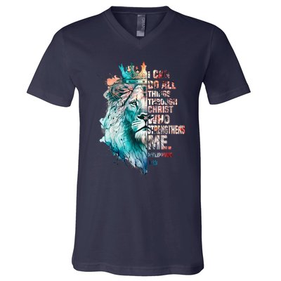 I Can Do All Things Through Christ Lion Faith Christian V-Neck T-Shirt