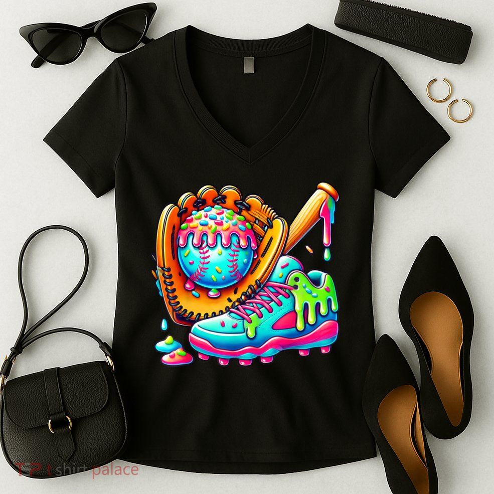 Ice Cream Drip Baseball Stuff Baseball Drip For Boy Graphic  Women's V-Neck T-Shirt