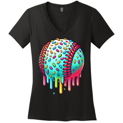 Ice Cream Drip Baseball Stuff Baseball Drip For Boy Graphic  Women's V-Neck T-Shirt
