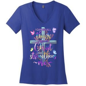 I Can Do All Things Through Christ Butterfly Art Gift Religious Cute Gift Women's V-Neck T-Shirt