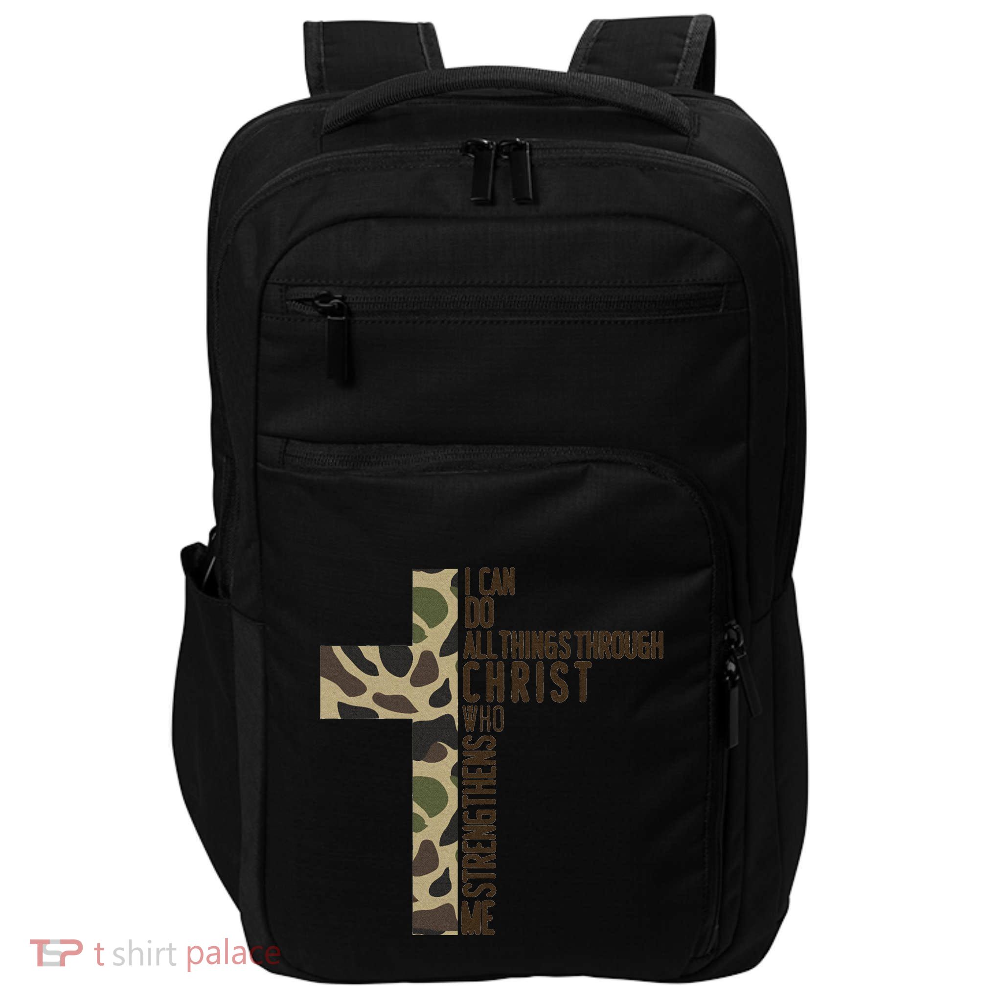 I Can Do All Things Through Christ Who Strengthens Me Camo Impact Tech Backpack