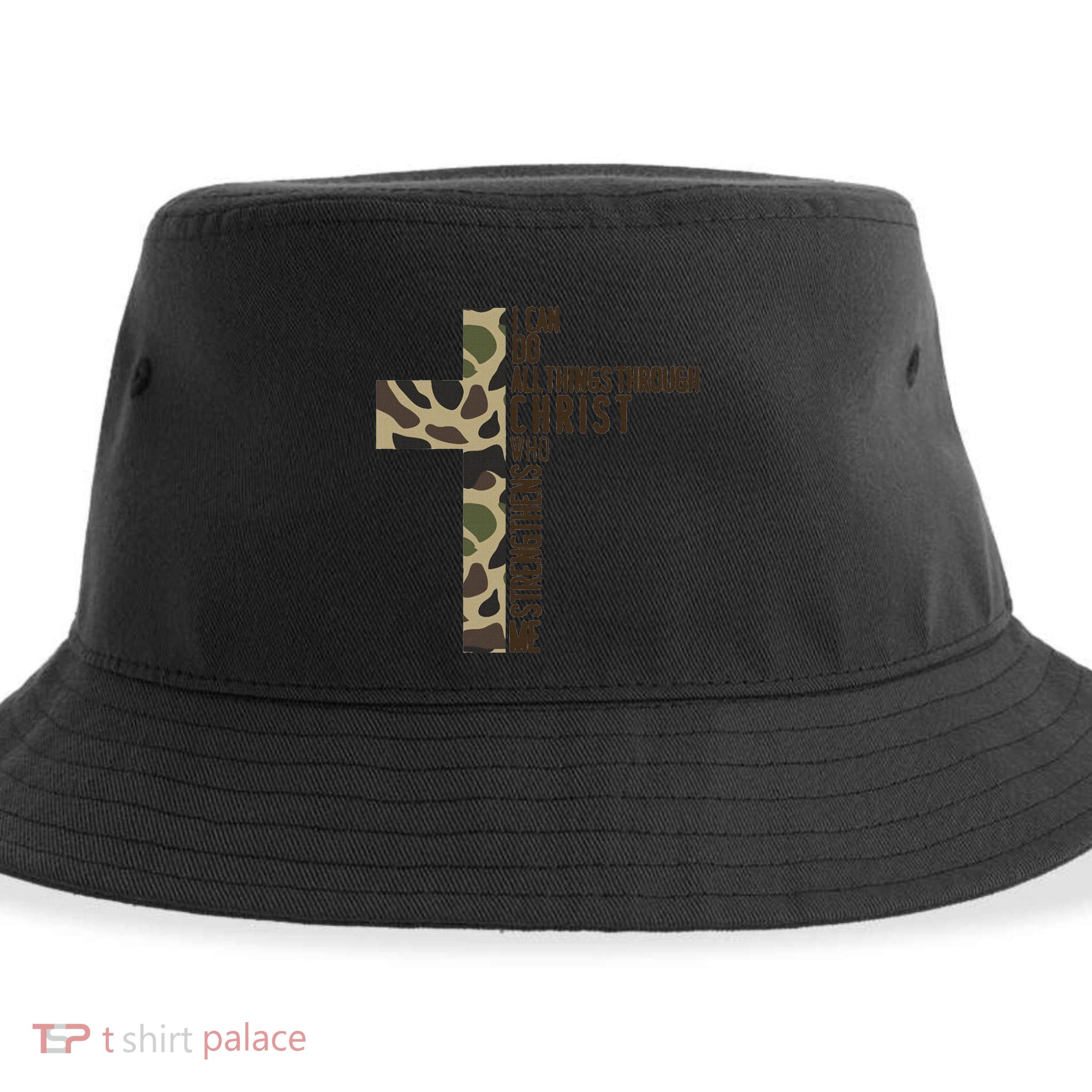 I Can Do All Things Through Christ Who Strengthens Me Camo Sustainable Bucket Hat