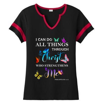 I Can Do All Things Through Christ Butterfly Art Religious Ladies Halftime Notch Neck Tee