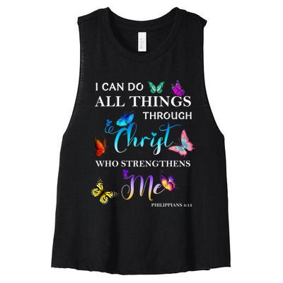 I Can Do All Things Through Christ Butterfly Art Religious Women's Racerback Cropped Tank