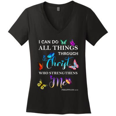 I Can Do All Things Through Christ Butterfly Art Religious Women's V-Neck T-Shirt