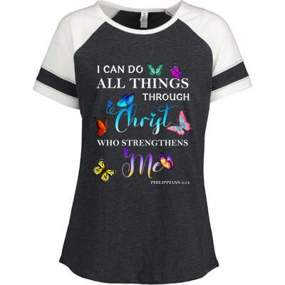 I Can Do All Things Through Christ Butterfly Art Religious Enza Ladies Jersey Colorblock Tee