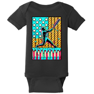 Ice Cream Drip Baseball Stuff Drip For Boy American Flag  Baby Bodysuit