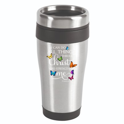 I Can Do All Things Through Christ Who Strengthens Me Butterfly Art 16oz Travel Tumbler