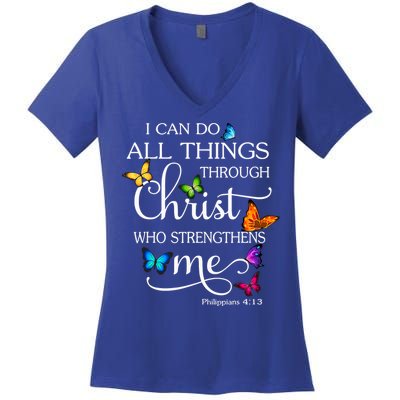 I Can Do All Things Through Christ Who Strengthens Me Butterfly Art Women's V-Neck T-Shirt