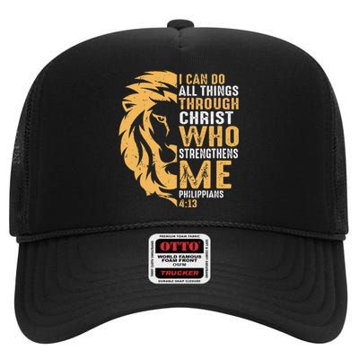 I Can Do All Things Through Christ Lion Faith High Crown Mesh Back Trucker Hat