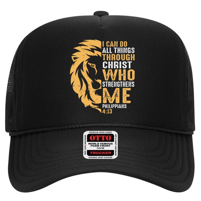 I Can Do All Things Through Christ Lion Faith High Crown Mesh Back Trucker Hat