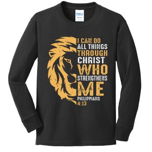 I Can Do All Things Through Christ Lion Faith Kids Long Sleeve Shirt