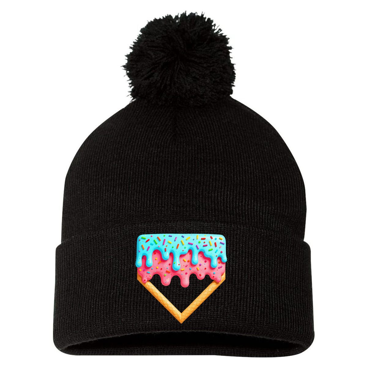 Ice Cream Drip Baseball Stuff Baseball Home Plate Dripping Pom Pom 12in Knit Beanie