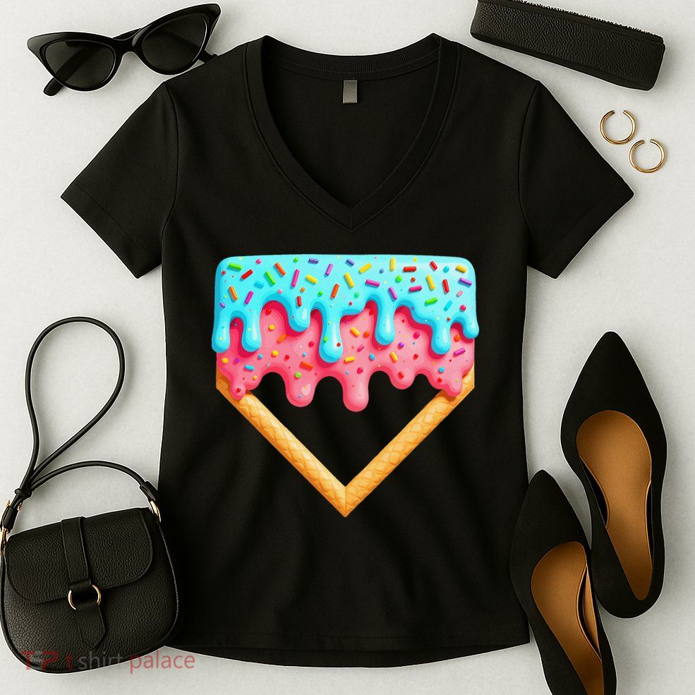 Ice Cream Drip Baseball Stuff Baseball Home Plate Dripping Women's V-Neck T-Shirt