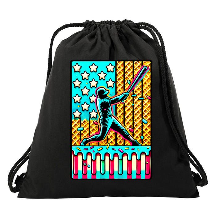 Ice Cream Drip Baseball Stuff Drip For B.oys American Flag Drawstring Bag
