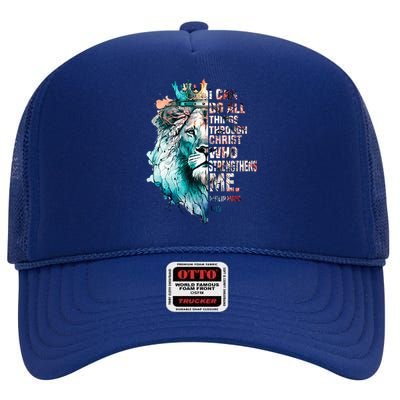 I Can Do All Things Through Christ Lion Faith Christian High Crown Mesh Back Trucker Hat