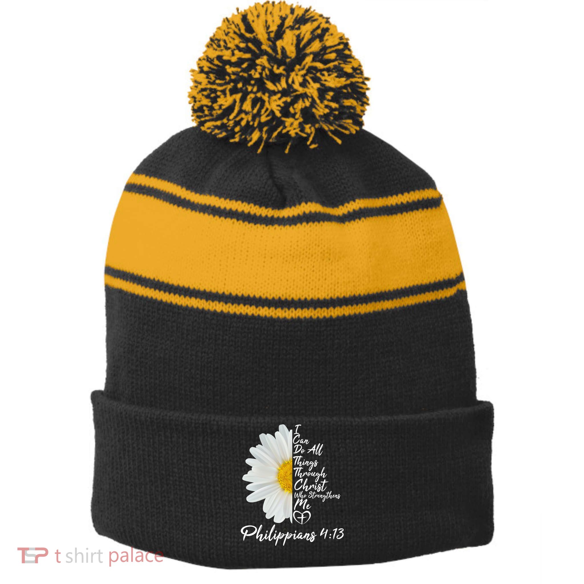 I Can Do All Things Through Christ Who Strengthens Me Philippian 4 13 Flower Stripe Pom Pom Beanie