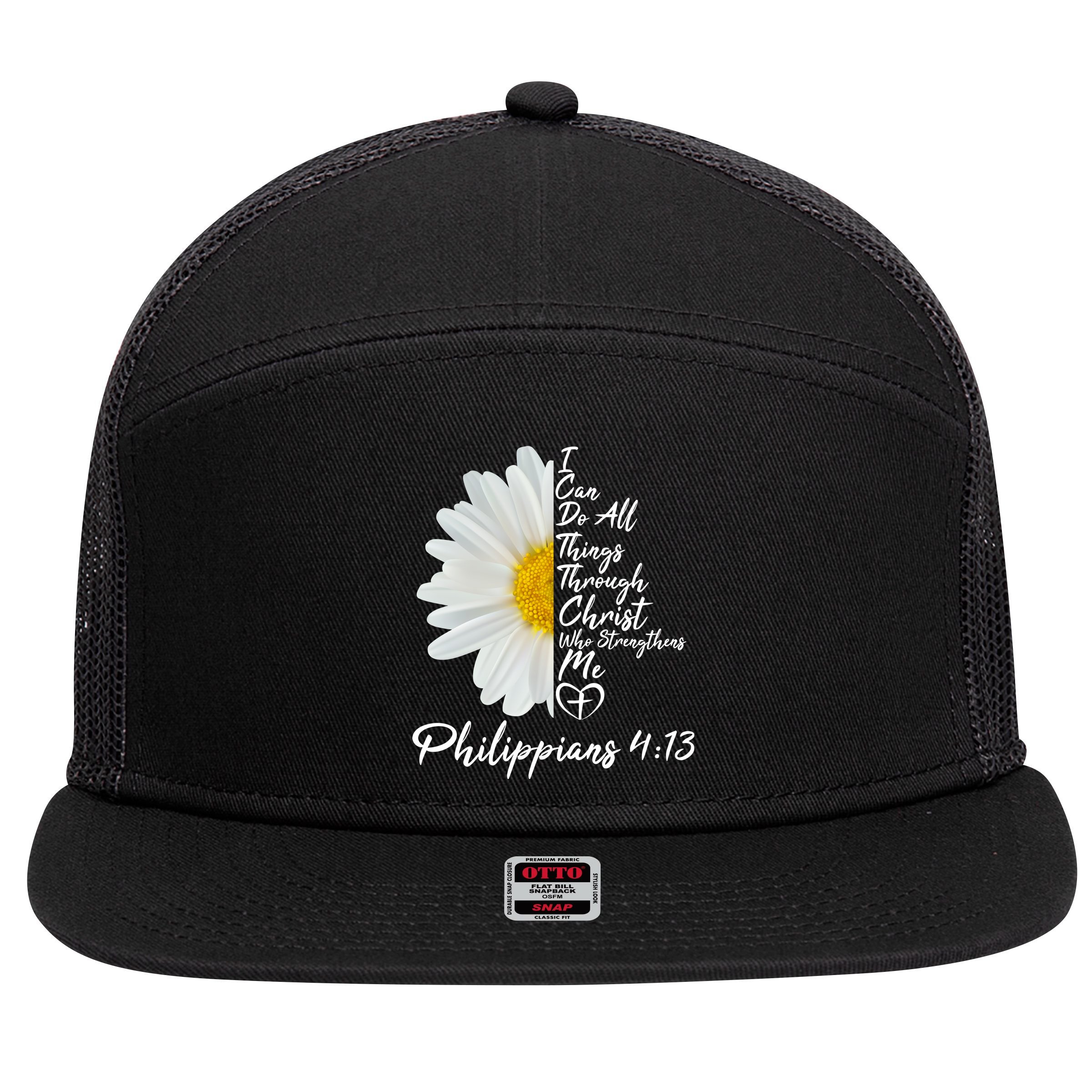 I Can Do All Things Through Christ Who Strengthens Me Philippian 4 13 Flower 7 Panel Mesh Trucker Snapback Hat
