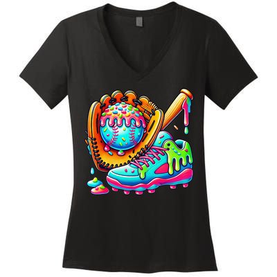 Ice Cream Drip Baseball Stuff Baseball Drip For Graphic Women's V-Neck T-Shirt