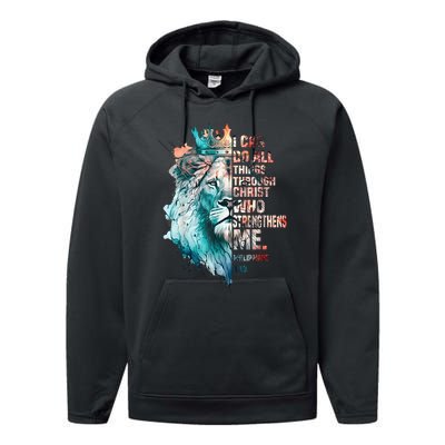 I Can Do All Things Through Christ Lion Faith Christian Performance Fleece Hoodie