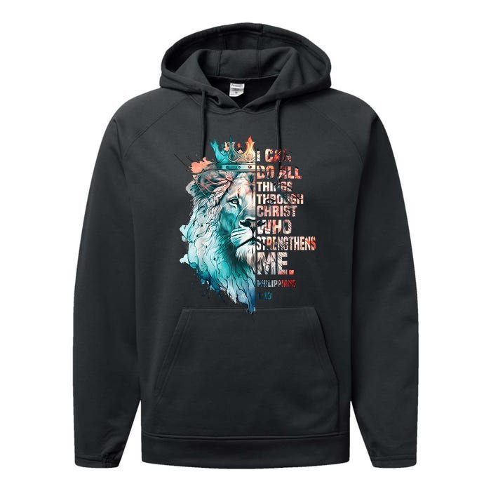 I Can Do All Things Through Christ Lion Faith Christian Performance Fleece Hoodie