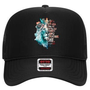 I Can Do All Things Through Christ Lion Faith Christian High Crown Mesh Back Trucker Hat