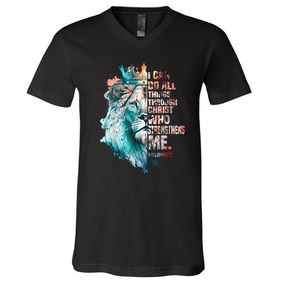 I Can Do All Things Through Christ Lion Faith Christian V-Neck T-Shirt