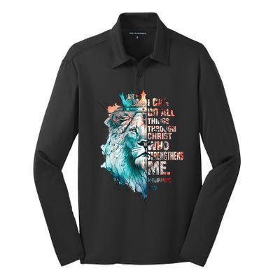 I Can Do All Things Through Christ Lion Faith Christian Silk Touch Performance Long Sleeve Polo