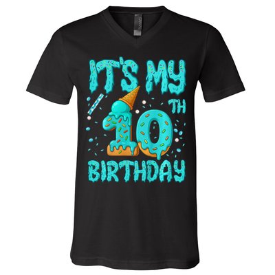 Ice Cream Drip 10th Birthday 10 Years Old Birthday V-Neck T-Shirt