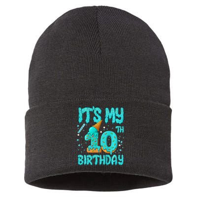 Ice Cream Drip 10th Birthday 10 Years Old Birthday Sustainable Knit Beanie