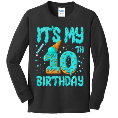 Ice Cream Drip 10th Birthday 10 Years Old Birthday Kids Long Sleeve Shirt