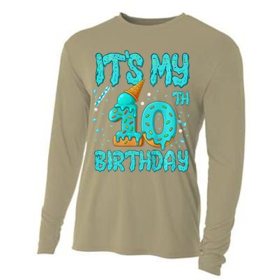 Ice Cream Drip 10th Birthday 10 Years Old Birthday Cooling Performance Long Sleeve Crew