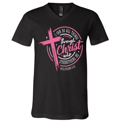 I Can Do All Things Through Christ Breast Cancer Awareness V-Neck T-Shirt