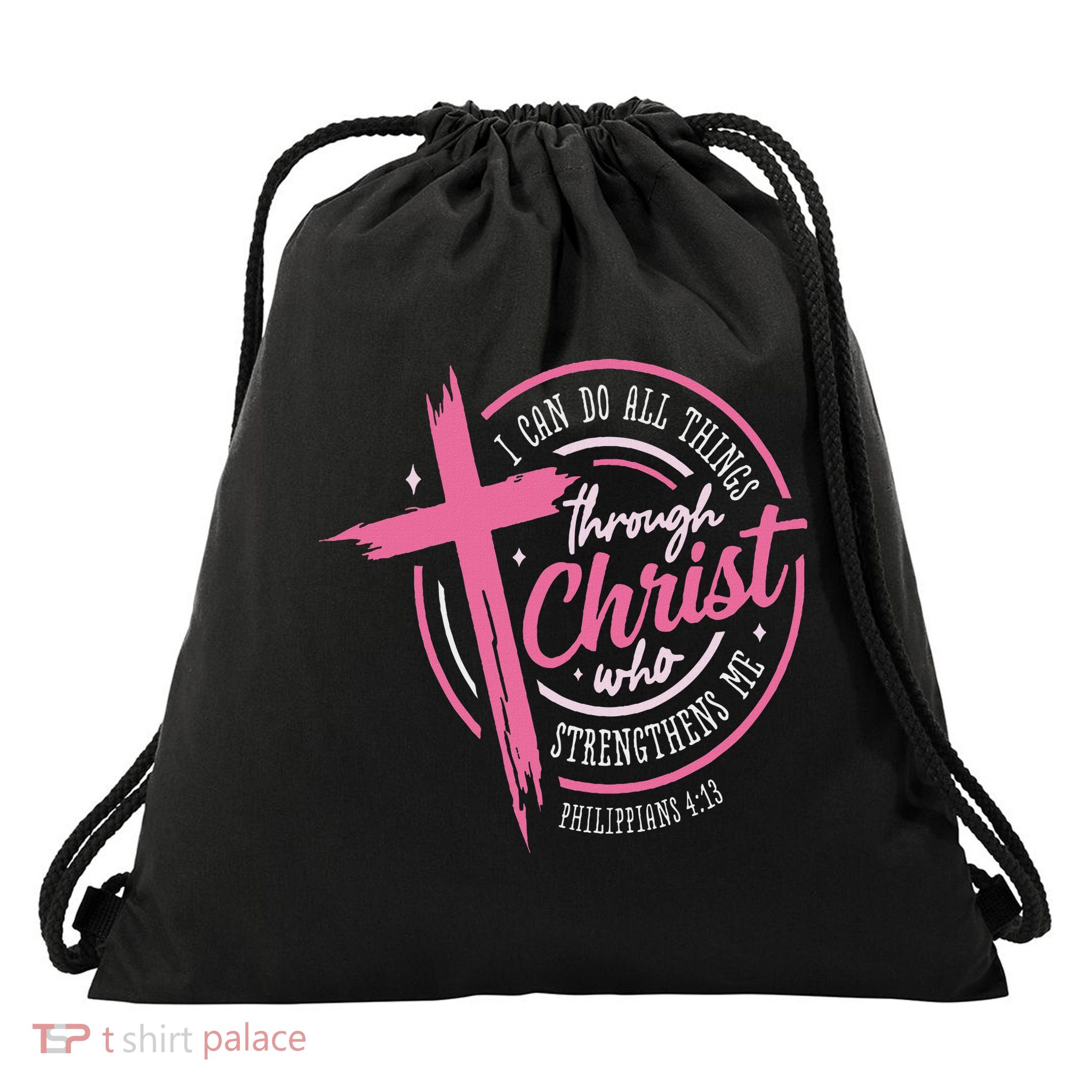 I Can Do All Things Through Christ Breast Cancer Awareness Drawstring Bag