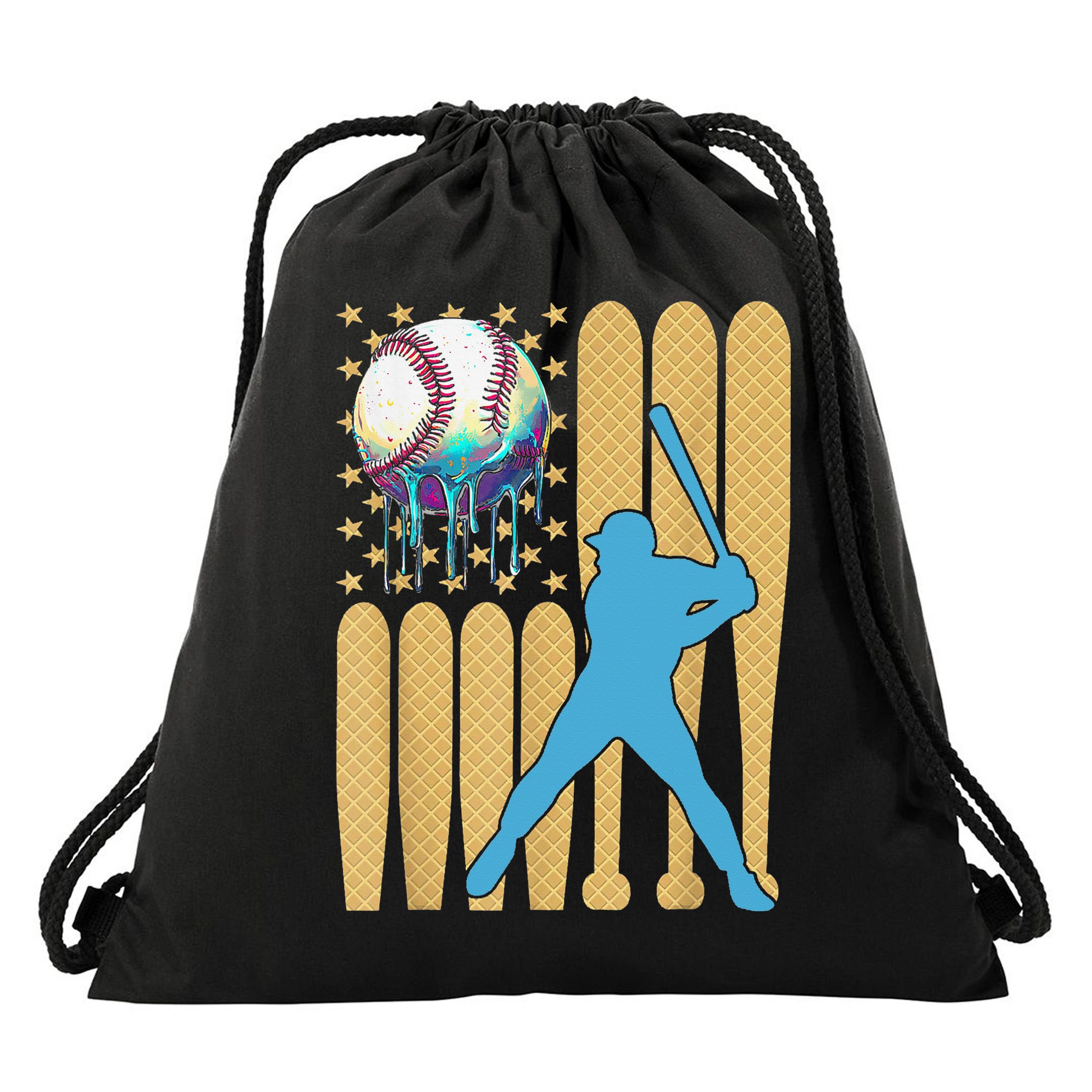 Ice Cream Drip Baseball Bat Baseball Player 4th Of July Drawstring Bag