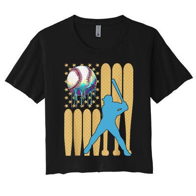 Ice Cream Drip Baseball Bat Baseball Player 4th Of July Crop Top